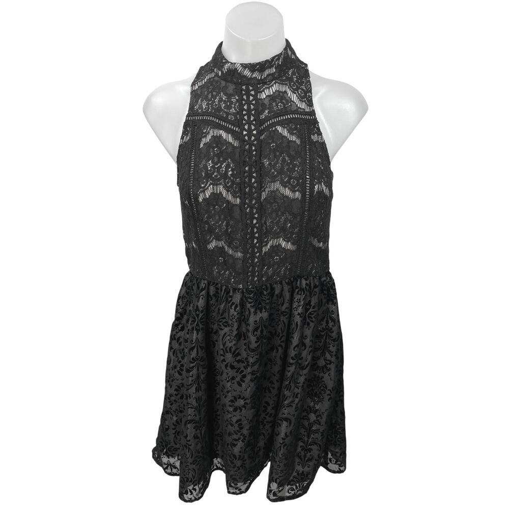 Xhilaration Black Lace Floral Embroidered High Neck Fit & Flare Mini Dress Sz M